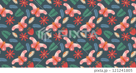 Seamless Vintage Floral and Butterfly Pattern with Hand-Drawn Botanical Elements in Soft Pastel Colors on Dark Background Perfect for Textile, Wallpaper, and Digital Design 121241805