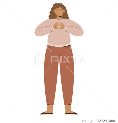 Illustration of a Smiling Woman with Curly Hair in Beige Sweater and Brown Pants Showing Heart Gesture. 121241806