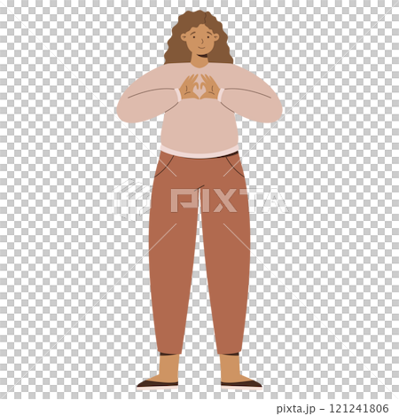 Illustration of a Smiling Woman with Curly Hair in Beige Sweater and Brown Pants Showing Heart Gesture. 121241806