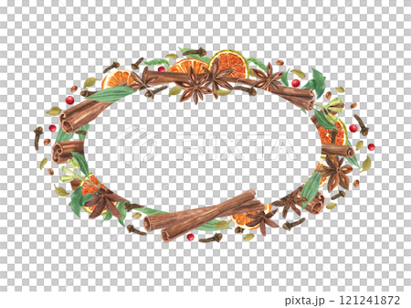 Watercolor winter spices with orange slices oval frame with empty space for text. Cinnamon, dried fruit, cardamom, anise, cloves with green foliage illustration for Christmas package design. 121241872