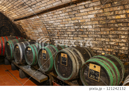 Wine cellars with barrels in Ivan, Southern Moravia, Czech Republic Wine cellars with barrels in Ivan, Southern Moravia, Czech Republic 121242132