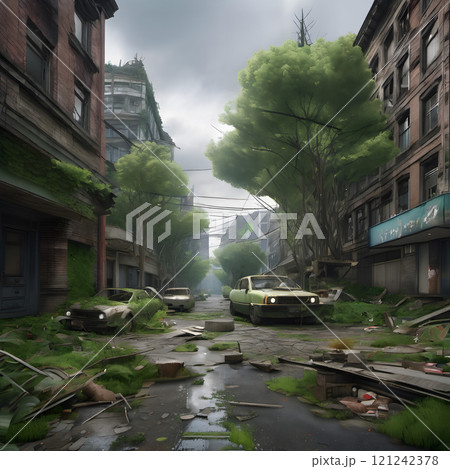 Abandoned City Street Overtaken by Nature in Misty Light Abandoned City Street Overtaken by Nature in Misty Light 121242378