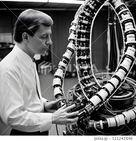 Scientist Adjusting Advanced Technological Device in Lab 121242846