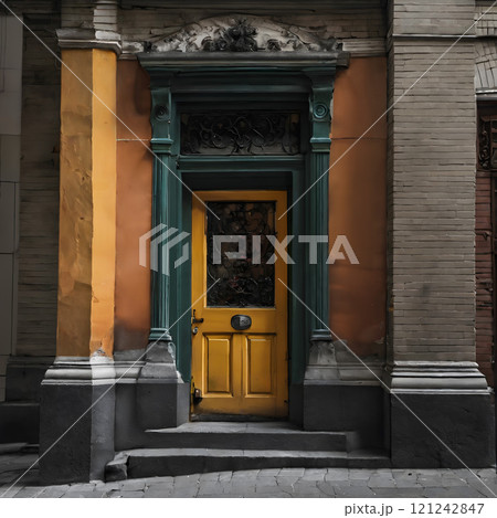 Vintage Yellow Door with Teal Frames in Old Building 121242847