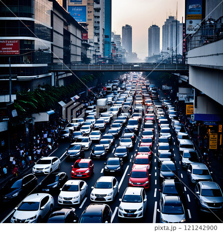 Rush Hour Traffic in a Bustling City Road Scene 121242900