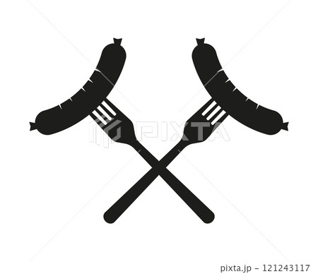 Two crossed forks holding sausages representing oktoberfest cuisine 121243117