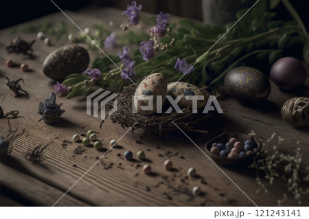 Organic farm products on ancient old wooden table in forest house created with generative ai tools. 121243141