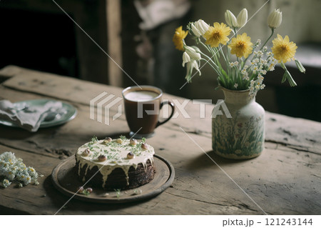 Organic farm products on ancient old wooden table in forest house created with generative ai tools. 121243144