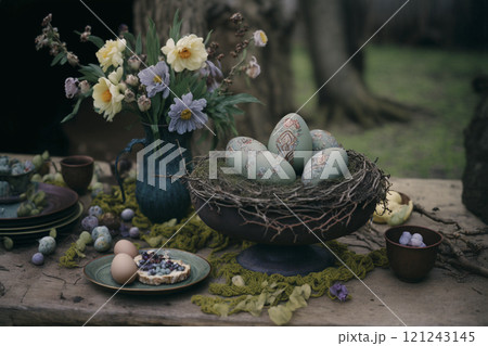Organic farm products on ancient old wooden table in forest house created with generative ai tools. 121243145