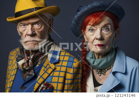 Trendy fashion crazy old people in bright colored elegant clothes created with ai generative tools. 121243146