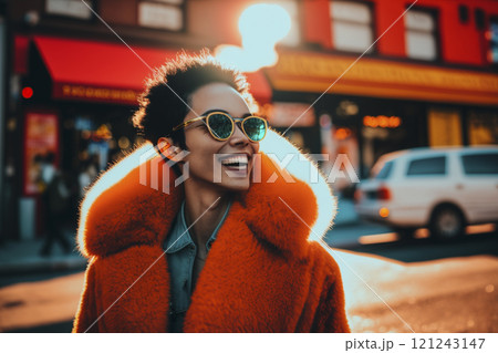 Portrait of smiling non-binary person on bright background created with ai generative tools. 121243147