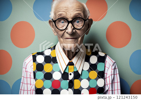 Trendy fashion crazy old people in bright colored elegant clothes created with ai generative tools. 121243150