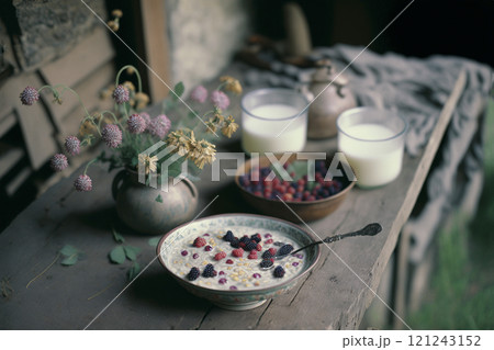 Organic farm products on ancient old wooden table in forest house created with generative ai tools. 121243152