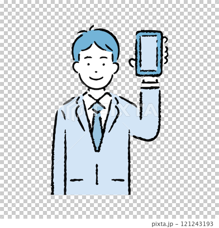 スマホを見せるスーツを着た男性 121243193