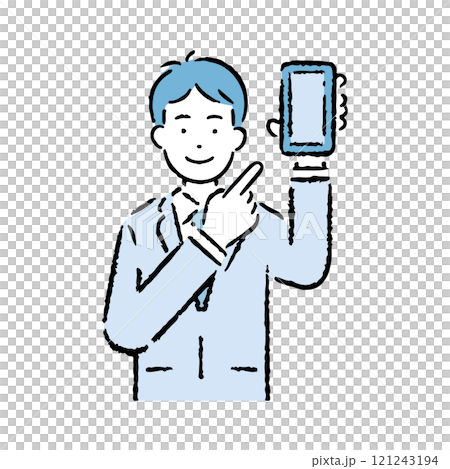 スマホを指さすスーツを着た男性 121243194