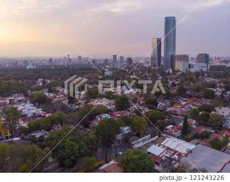Aerial drone shot of sunrise in Mexico City, the capital of Mexico. Ciudad de Mexico skyline 121243226