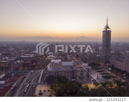 Aerial drone shot of sunrise in Mexico City, the capital of Mexico. Ciudad de Mexico skyline 121243227