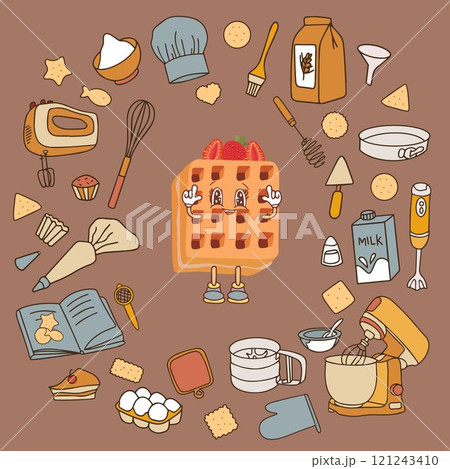 Hand drawn sketches of icons on the culinary theme - kitchen utensils, pastries. Fashionable banner for menu design, cookbooks and packaging. Background color 2025 Mocha Mouss Hand drawn sketches of icons on the culinary theme - kitchen utensils, pastries. Fashionable banner for menu design, cookbooks and packaging. Background color 2025 Mocha Mouss 121243410