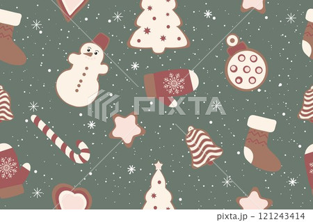 Winter seamless pattern with Christmas figures, gingerbread cookies. Christmas trendy repeating texture for surface design, wallpaper, fabric, wrapping paper etc. Vector. Winter seamless pattern with Christmas figures, gingerbread cookies. Christmas trendy repeating texture for surface design, wallpaper, fabric, wrapping paper etc. Vector. 121243414