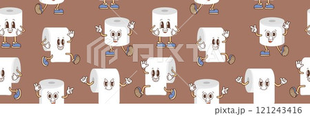 Seamless pattern of toilet paper rolls in different positions. Brown poop illustration. Toilet and bathroom element. Hygiene and sanitation. Background of the color of the year 2025 Mocha Mousse. 121243416