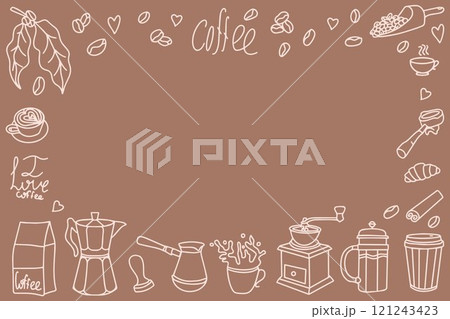 Cute doodle cartoon cafe icons. Set of hand drawn coffee designs: drinks, snacks and coffee utensils. Vector outline hand drawn coffee and bakery for cafe menu. 121243423