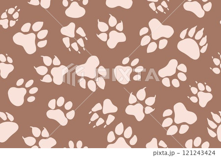 Seamless pattern of animal paw prints on Mousse color background, Vector paw prints of different animals. 121243424