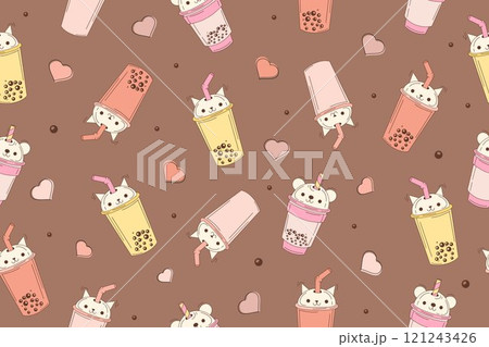 Bubble milk tea funny seamless pattern. Hand drawn kawaii smiles drinks with tapioca pearls. Cute cartoon vector illustration. Mocha mousse background with ice tea characters. 121243426