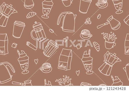Seamless doodle pattern with coffee. Teapots, cups, Turk and sweets in doodle style on a background of Mousse Mocha color. Vector 121243428