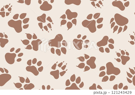 Set of animal paw prints in Mocha Mousse color, vector prints of different animals feet. Dog fox wolf bear cat lion leopard tiger. Vector illustration 121243429
