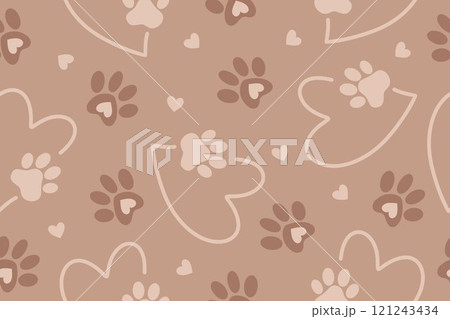 Seamless pattern of pet paw in heart. Pet footprint. Love concept. Background of year 2025 Mocha Mousse 121243434