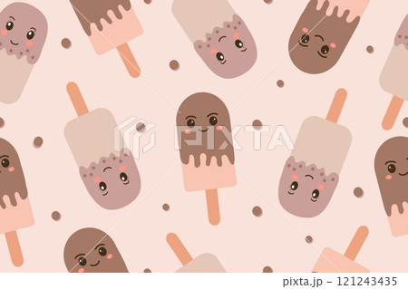 Seamless pattern of ice cream on a stick in kawaii style. January 24 is a sweet holiday, International Eskimo Pie Day. Vector illustration on a pink background. Seamless pattern of ice cream on a stick in kawaii style. January 24 is a sweet holiday, International Eskimo Pie Day. Vector illustration on a pink background. 121243435