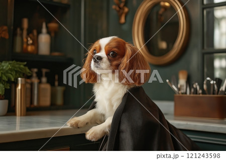 Dog receiving grooming treatment in a stylish salon environment 121243598