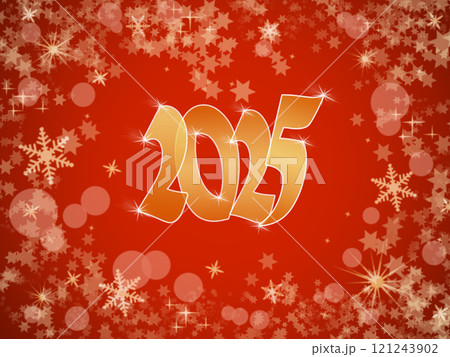 Golden New Year 2025 Date Against Festive Red Background with Snowflakes and Stars Golden New Year 2025 Date Against Festive Red Background with Snowflakes and Stars 121243902
