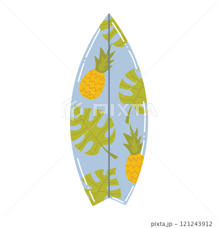 Cute cartoon surfing board with pineapple and Monstera leaves pattern in flat style. Surfing tool isolated on white background. 121243912