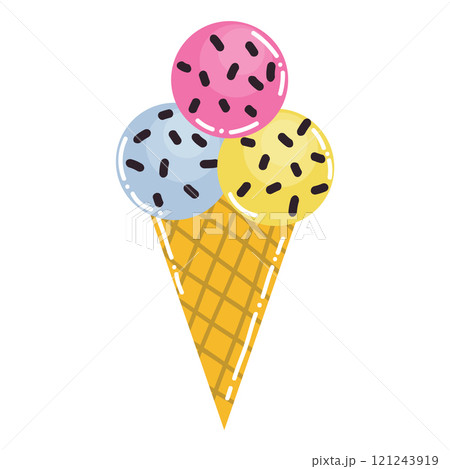 Cute cartoon ice cream with balls in flat style. Sweet cold dessert isolated on white background. Cute cartoon ice cream with balls in flat style. Sweet cold dessert isolated on white background. 121243919