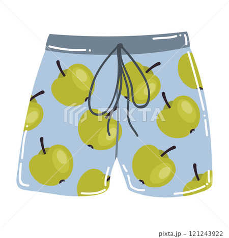 Cute cartoon men swimming trunks with apple pattern. Beachwear in flat style. Cute cartoon men swimming trunks with apple pattern. Beachwear in flat style. 121243922