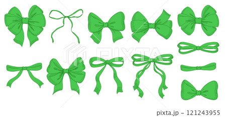 緑色のリボンの線画セット。手描きのベクターイラスト。ヴィンテージ風ラインアート。 緑色のリボンの線画セット。手描きのベクターイラスト。ヴィンテージ風ラインアート。 121243955