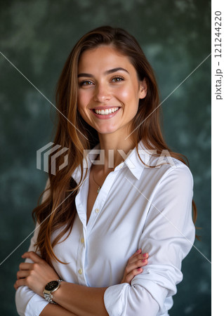 Confident young woman smiling with arms crossed in a professional setting against a green backdrop 121244220