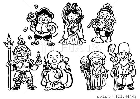 七福神 筆タッチ手描き 立ちポーズ単色線画イラストセット 七福神 筆タッチ手描き 立ちポーズ単色線画イラストセット 121244445