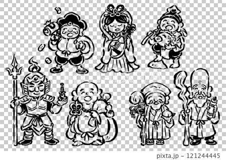 七福神 筆タッチ手描き 立ちポーズ単色線画イラストセット 七福神 筆タッチ手描き 立ちポーズ単色線画イラストセット 121244445