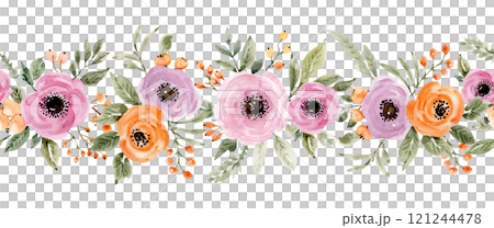 Botanical seamless border with delicate pink anemone flowers, watercolor illustration. 121244478