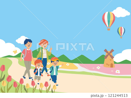 春の花畑にお出かけするファミリーのイラスト 121244513