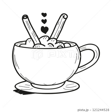Winter hot drink in doodle style. Mulled wine, orange punch, and apple punch with cinnamon and cardamom. 121244528