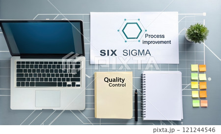 Six Sigma and DMAIC concept. Office workspace with Six Sigma materials and laptop. 121244546