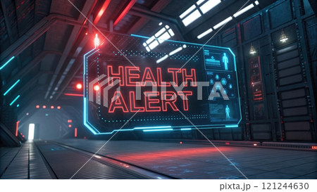 Health warning notification, Health alert digital display in futuristic setting 121244630