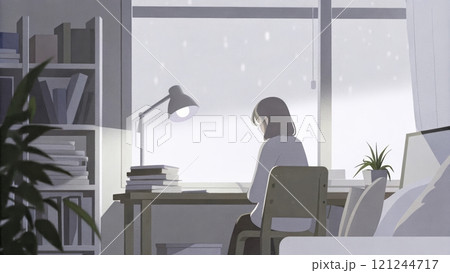 Lofi girl, Cozy indoor scene with a woman working by a window Lofi girl, Cozy indoor scene with a woman working by a window 121244717