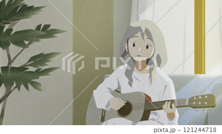 Lofi girl, A girl playing guitar indoors. 121244718
