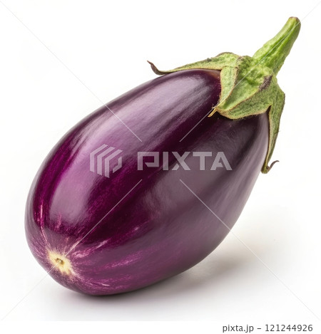 A glossy, deep purple eggplant with a vibrant green stem 121244926