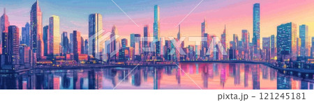 A vibrant city skyline at sunset, reflecting colorful hues on the water 121245181