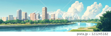 A vibrant city skyline featuring tall buildings, lush greenery along a riverbank 121245182